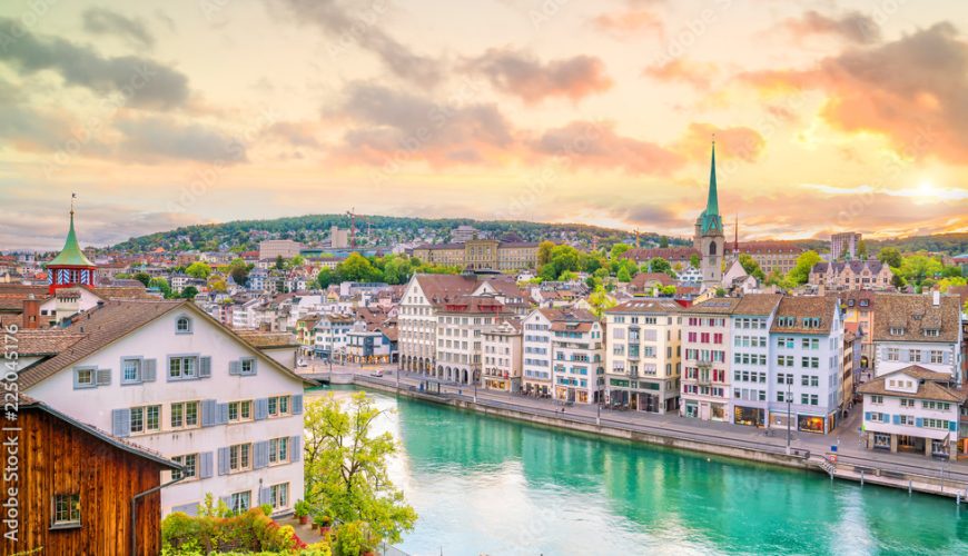 Beautiful view of historic city center of Zurich at sunset